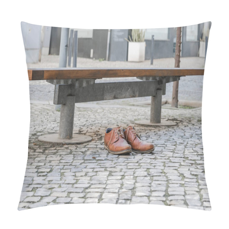 Personality  Brown Leather Shoes On A Cobblestone Pavement Next To A Bench In An Urban Setting. Pillow Covers