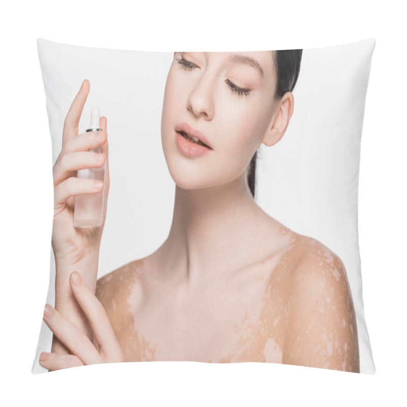 Personality  Young Beautiful Woman With Vitiligo Holding Serum Isolated On White Pillow Covers