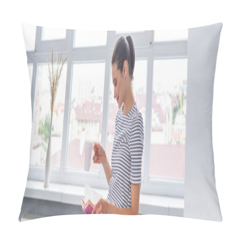 Personality  Horizontal Crop Of Woman With Cup Reading Book Near Window At Home  Pillow Covers