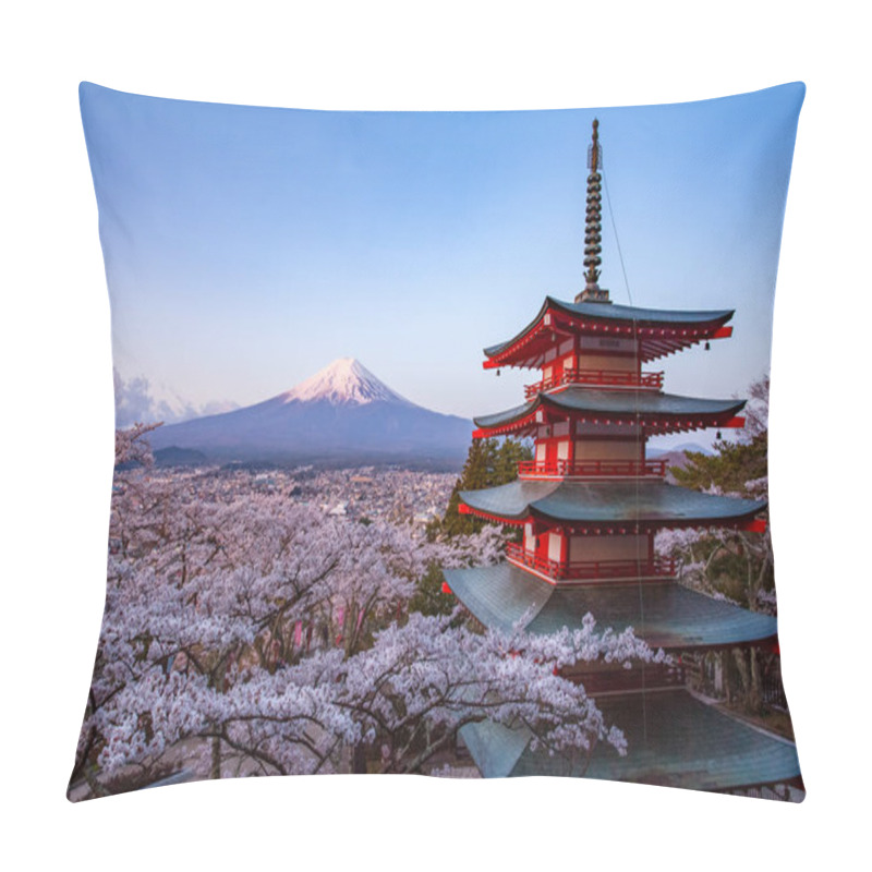 Personality  Japan Beautiful Landscape Mountain Fuji And Chureito Red Pagoda With Cherry Blossom Sakur Pillow Covers