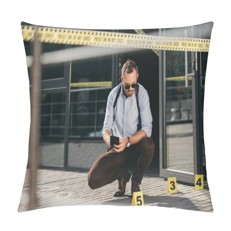 Personality  Sitting Male Detective Looking At The Clue And Making Notes Pillow Covers