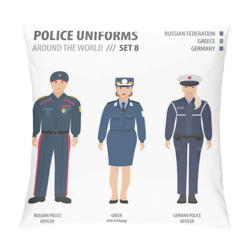 Personality  Police Uniforms Around The World. Suit, Clothing Of European Police Officers Vector Illustrations Set Pillow Covers