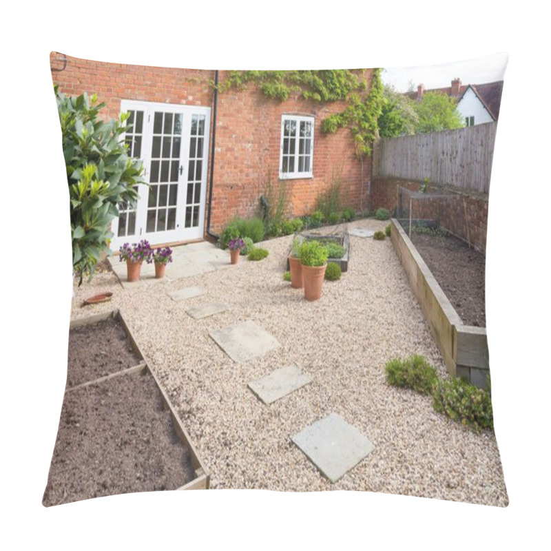 Personality  UK Garden In Spring With Empty Vegetable Beds. Courtyard Style Victorian Garden With Gravel And York Stone Paving Pillow Covers