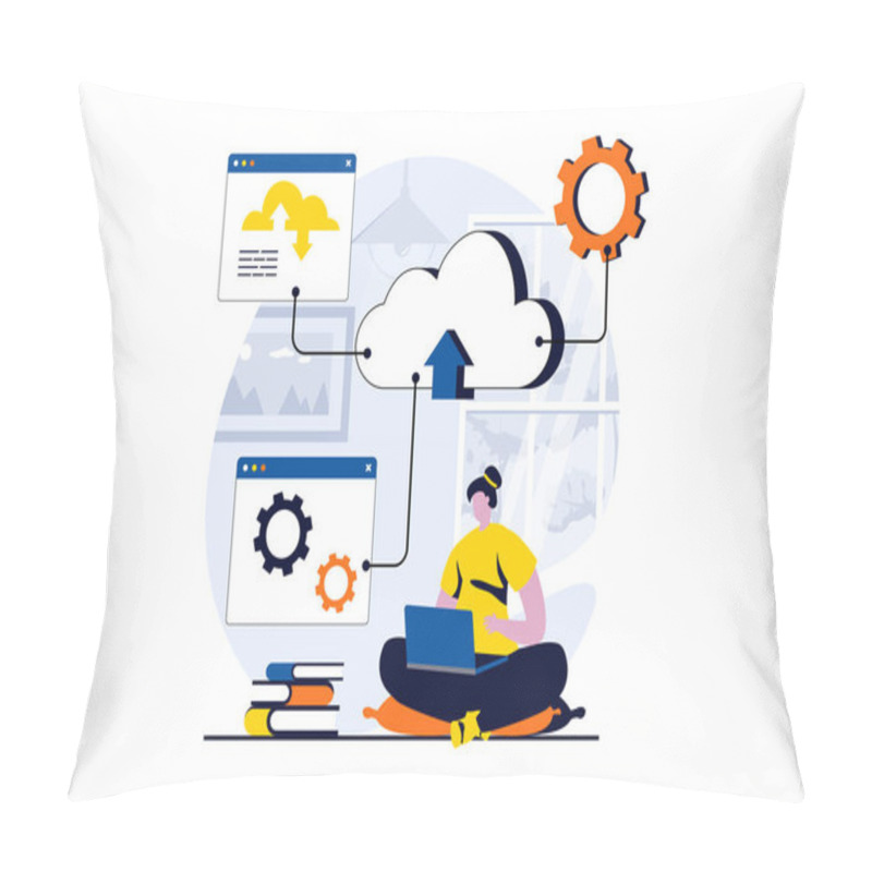 Personality  SaaS Concept With People Scene In Flat Cartoon Design. Woman Working With Hosting, Uploading And Downloading Files, Cloud Technology. Software As A Service. Vector Illustration Visual Story For Web Pillow Covers