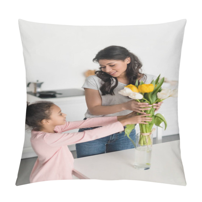 Personality  Young Mother And Beautiful Daughter Putting Flowers Into Vase Pillow Covers