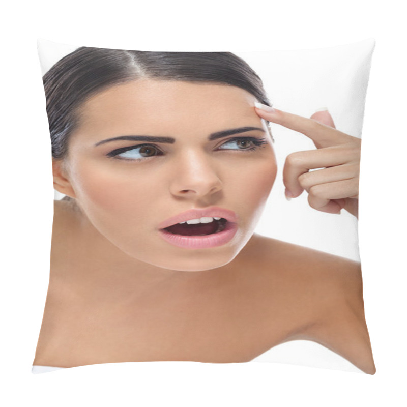 Personality  Surprised Woman Looking Problem On Her Skin Pillow Covers