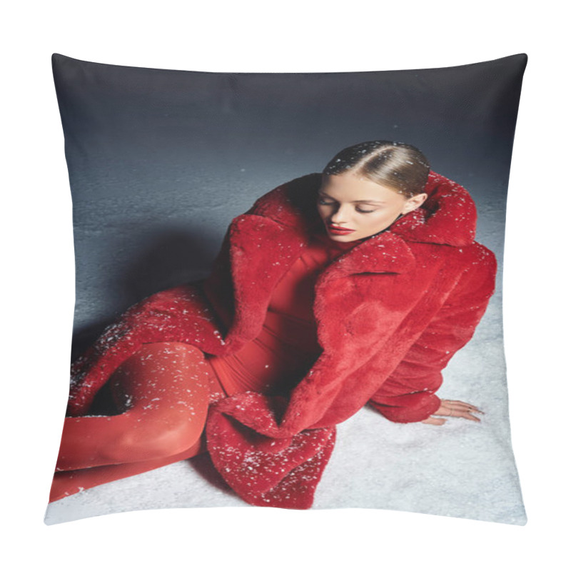 Personality  Dressed In Luxurious Red, The Young Woman Poses Elegantly, Surrounded By Soft Snowflakes In Winter. Pillow Covers