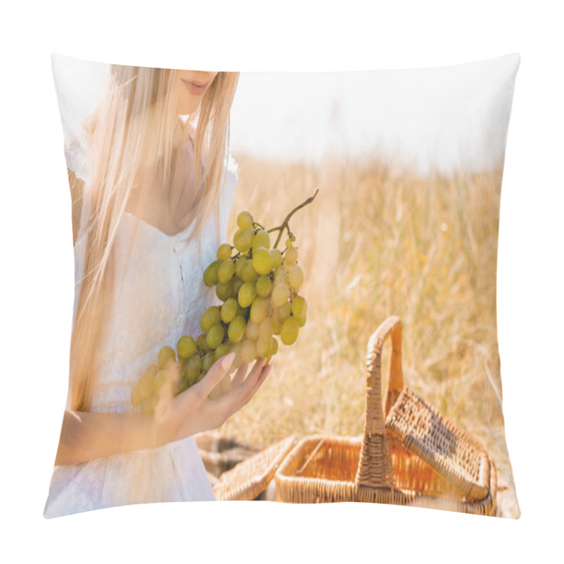 Personality  Partial View Of Blonde Woman In White Dress Holding Bunch Of Ripe Grapes Near Wicker Basket Pillow Covers