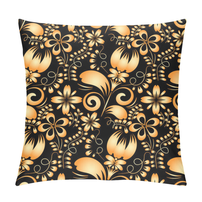 Personality  Seamless Texture With Gold Flowers On A Black Background. Gzhel. Pillow Covers