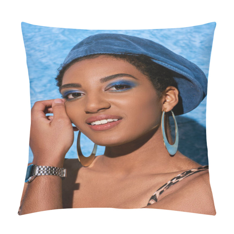 Personality  Portrait Of Young African American Woman With Bold Makeup, Beret And Golden Earrings Smiling At Camera And Posing On Blue Textured Background, Stylish Denim Attire Pillow Covers