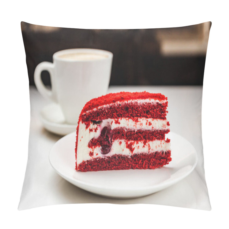 Personality  Red Velvet Cake With Cherry On A White Plate And A Cup Of Coffee Pillow Covers