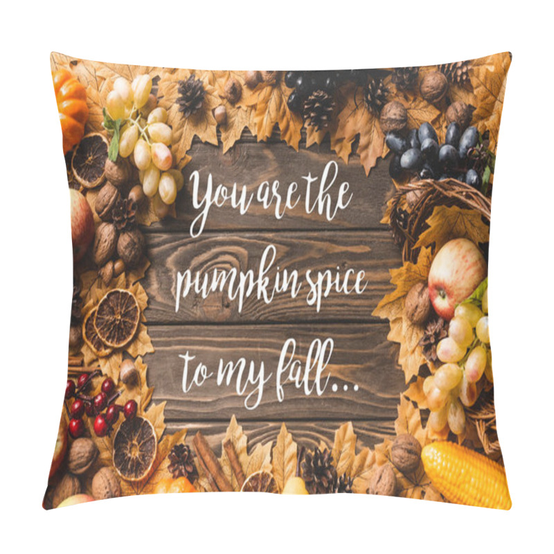 Personality  Top View Of Frame Made Of Autumnal Harvest And Foliage Near You Are The Pumpkin Spice To My Fall Lettering On Wooden Background Pillow Covers