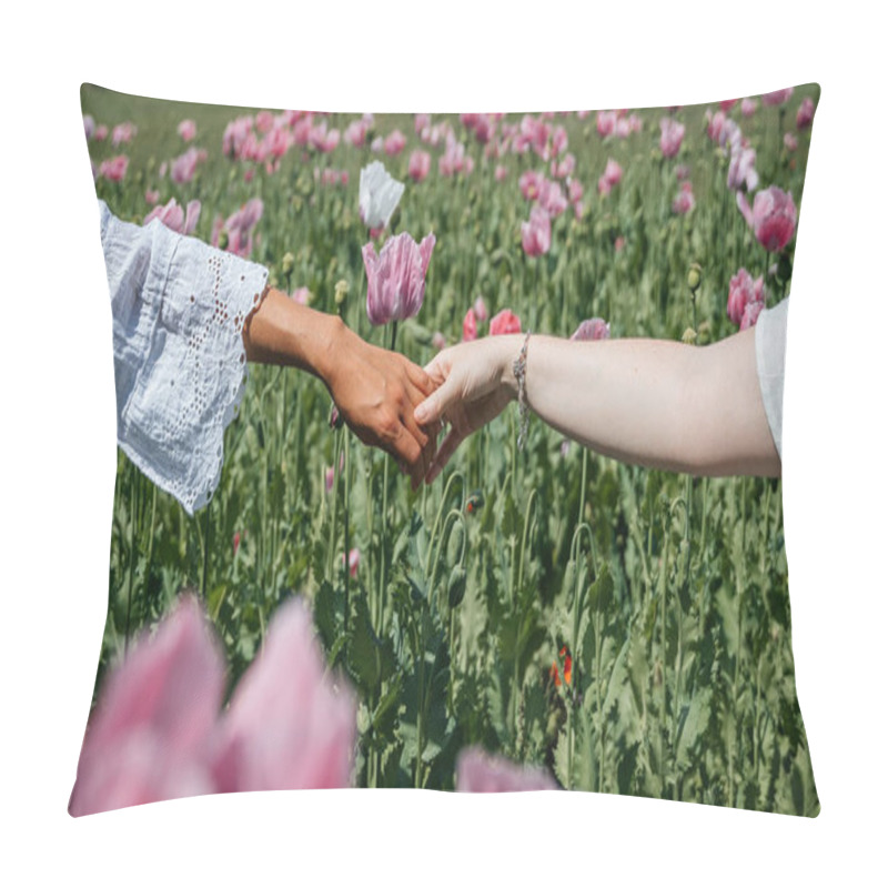 Personality   Two Womens Hands Meet In A Gentle Touch, Fingertips Lightly Brushing Against Each Other Amidst A Field Of Pink Poppies Swaying Gracefully In The Wind.  Pillow Covers