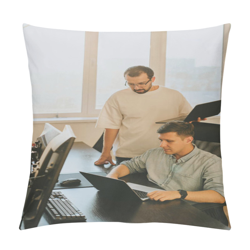 Personality  Portrait Of Two Professional Male Programmers Working On Computer In Diverse Offices. Modern IT Technologies, Development Of Artificial Intelligence, Programs, Applications And Video Games Concept Pillow Covers