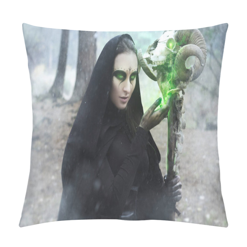 Personality  Tales For Halloween, The Girl With A Stick Of Ram Skull Girl In A Black Cloak With A Terrible Grimm, A Dark Image Pillow Covers