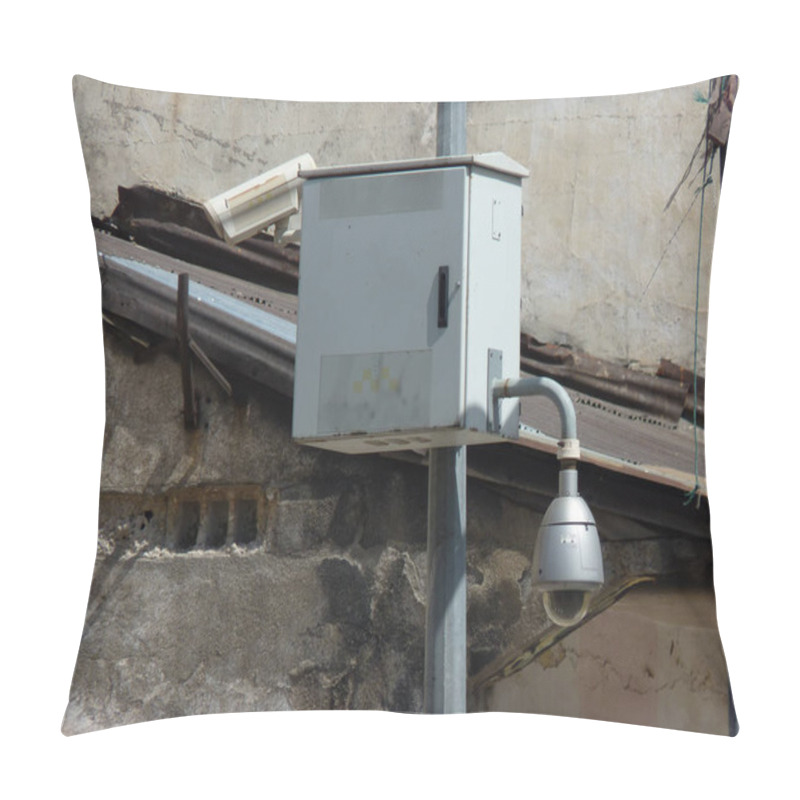 Personality  Urban Surveillance And Decay: A Security Camera Observing A Crumbling Wall, Symbolizing Modern Vigilance Amidst Neglected Foundations Pillow Covers