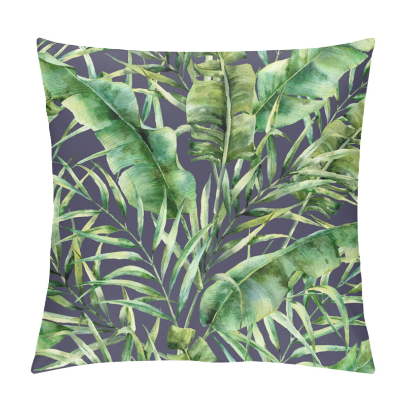 Personality  Watercolor Tropical Tree Leaves Seamless Pattern. Hand Painted Banana And Coconut Greenery Exotic Branch On Dark Blue Background. Botanical Illustration For Design, Fabric, Print Or Background. Pillow Covers