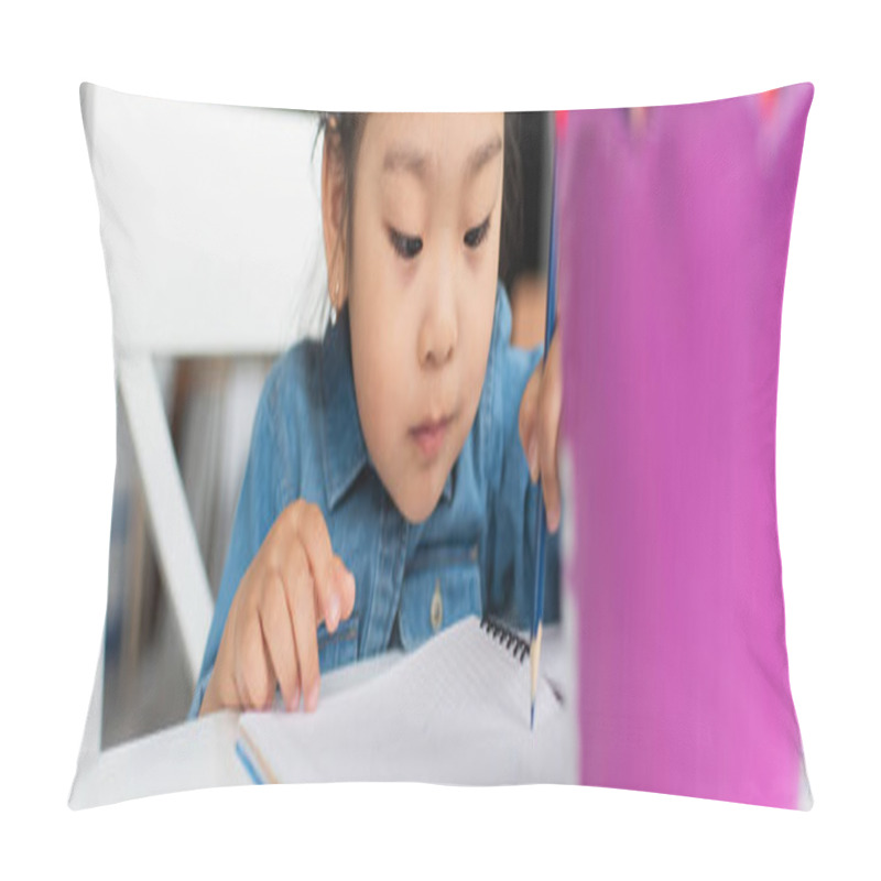 Personality  Asian Girl Drawing On Paper At Home, Banner  Pillow Covers