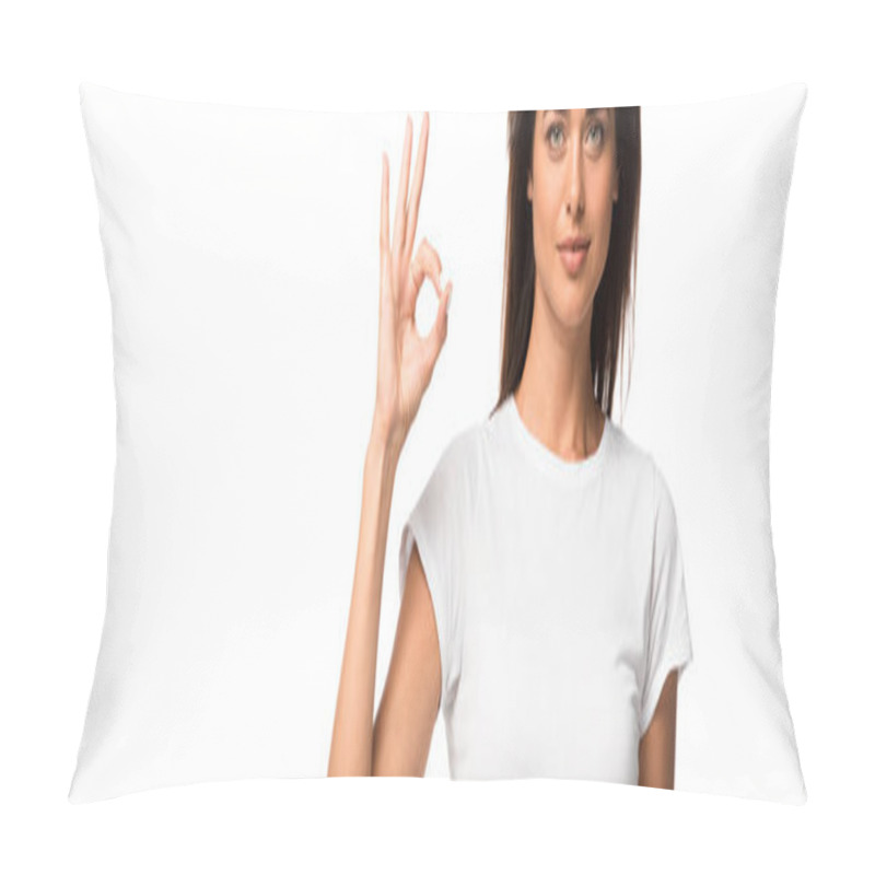 Personality  Beautiful Woman In White T-shirt Showing Ok Sign, Isolated On White Pillow Covers