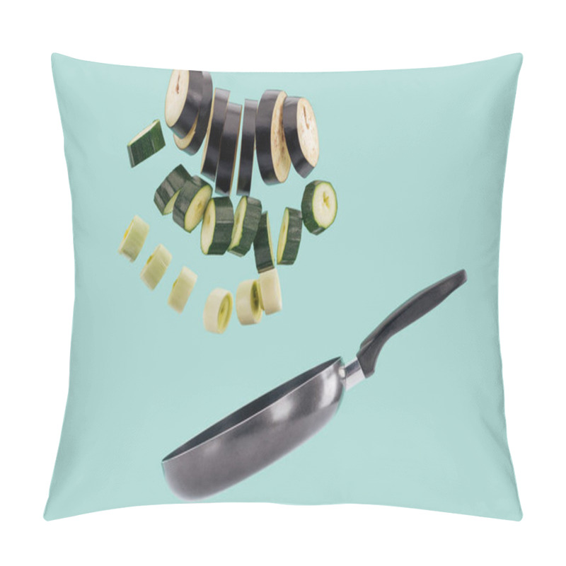 Personality  Sliced Green Organic Tasty Vegetables Above Frying Pan Isolated On Turquoise  Pillow Covers