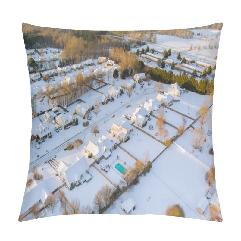 Personality  An Aerial View Of Small American Town After Winter Storm With Beautiful Snowy Landscape In South Carolina United States. Pillow Covers