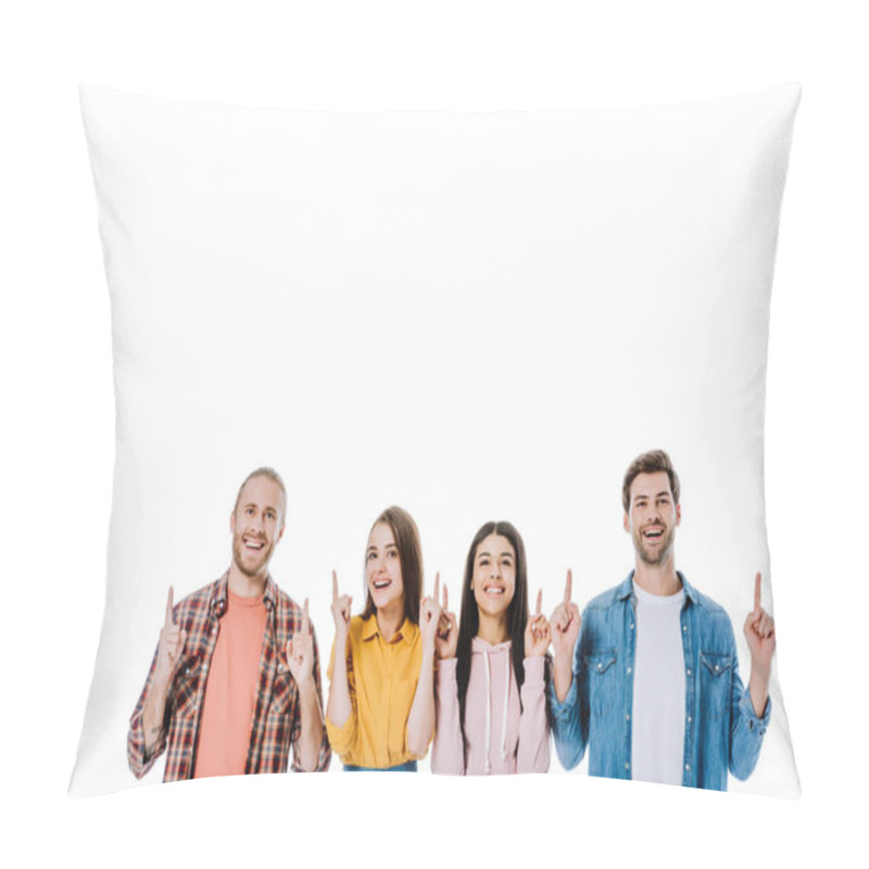 Personality  Happy Multicultural Friends Pointing With Fingers Up Isolated On White Pillow Covers