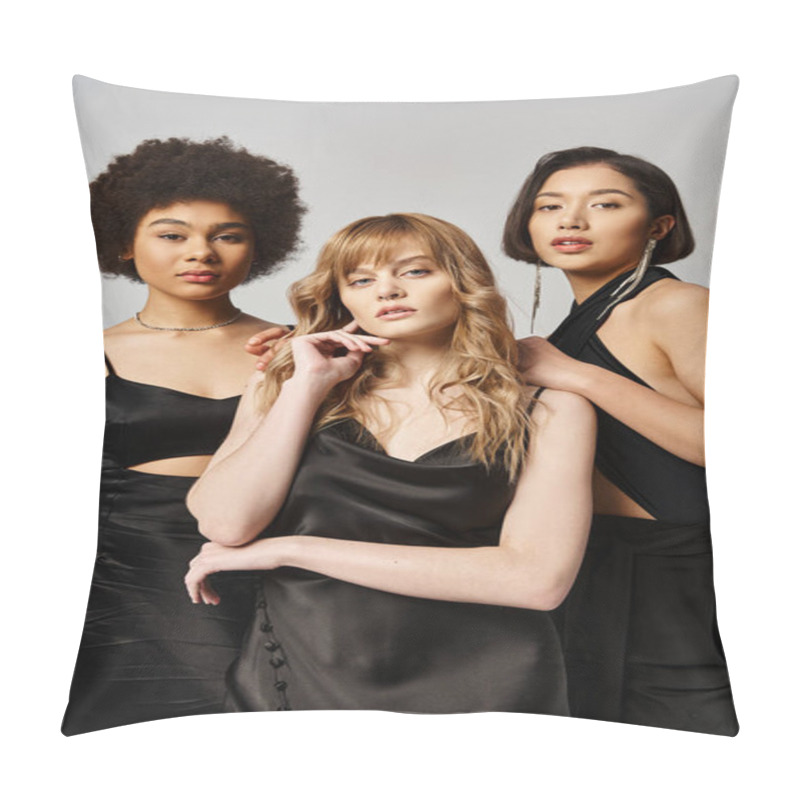 Personality  Diverse Group Of Women - Caucasian, Asian, African American - Standing Gracefully In A Studio Against A Grey Background. Pillow Covers