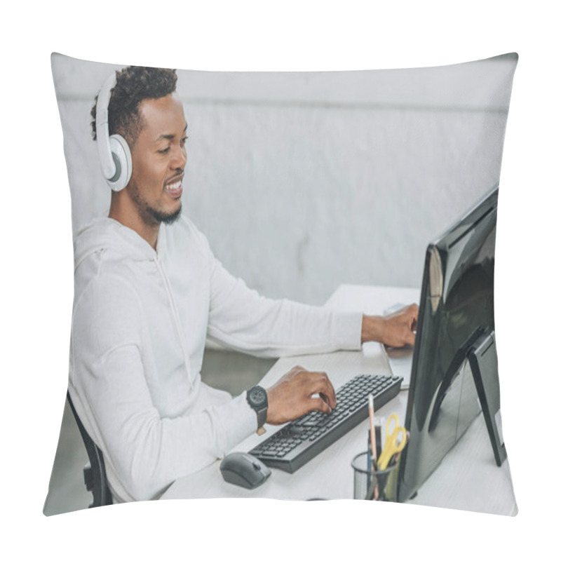 Personality  Happy African American Programmer Sitting At Workplace In Headphones Pillow Covers