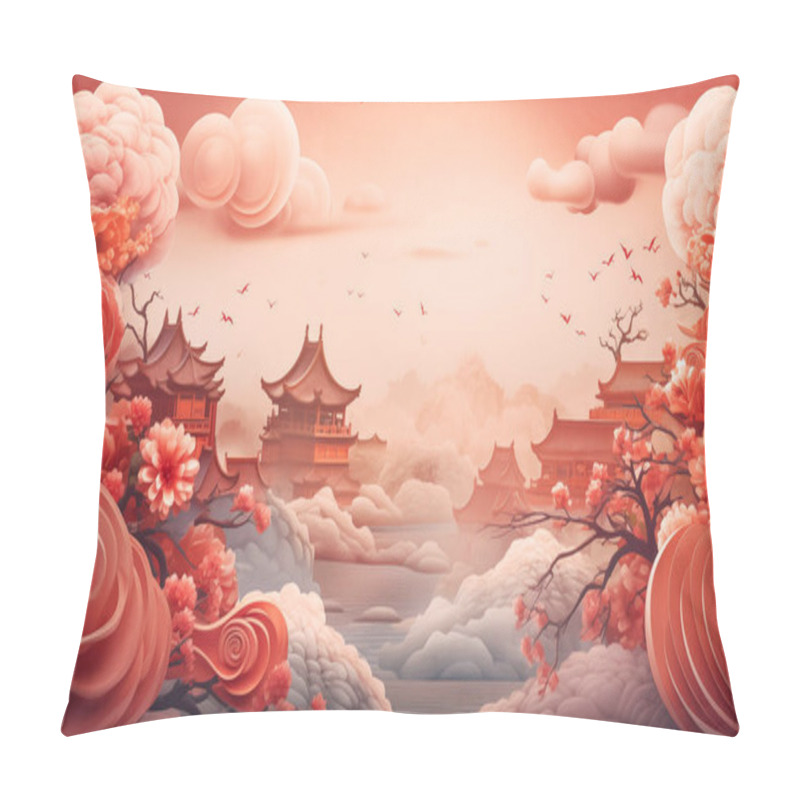 Personality  Illustration Of Traditional Building And Red Flowers. Happy Chinese New Year Backgrounds. Pillow Covers