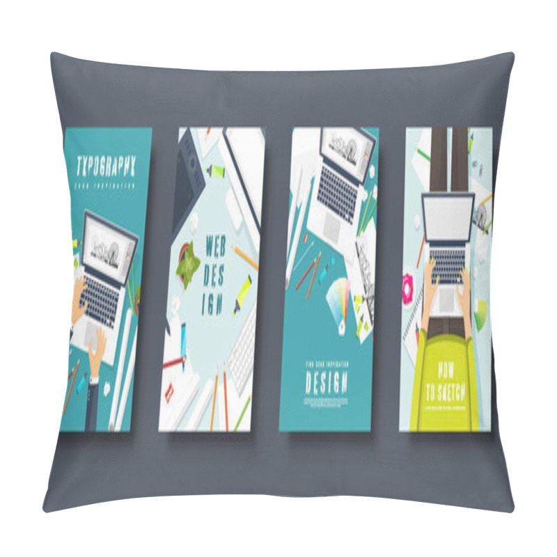 Personality  Graphic And Web Design. Flat Style Covers Set. Designer Workplace With Tools. User Interface Design. UI. Digital Drawing. Online Tutorial. Vector Illustration. Pillow Covers