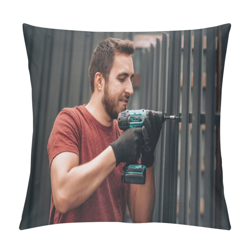 Personality  Caucasian Construction Man Working With Cordless Screwdriver  Pillow Covers