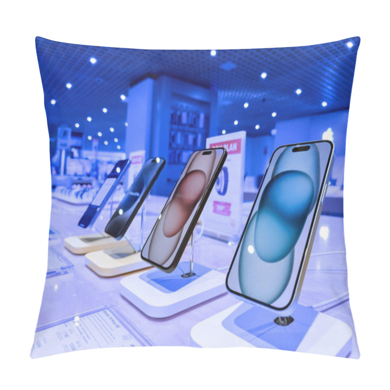 Personality  Strasbourg, France - Oct 1, 2023: A Hero Object View Showcasing A Row Of The Latest IPhone 15 Pro Smartphones Prominently, With The Vast Interior Of The FNAC Store Forming The Backdrop Pillow Covers