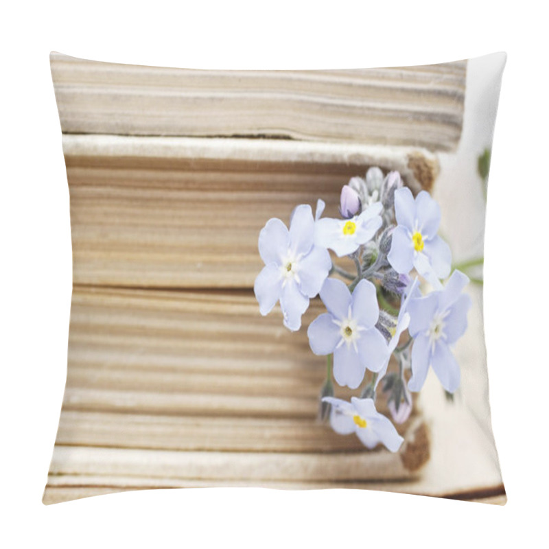 Personality  Stack Of Old Books And Forget-me-not Flowers. Retro Style Pillow Covers