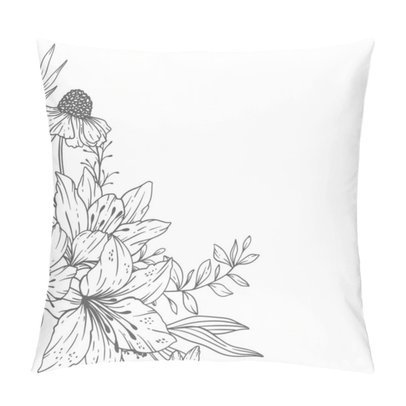 Personality  Floral Frames Line Art, Fine Line Wildflower Frames Hand Drawn Illustration. Outline Leaves And Flowers.  Pillow Covers