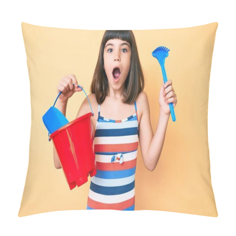 Personality  Young Little Girl With Bang Playing With Summer Shovel And Bucket Toys Afraid And Shocked With Surprise And Amazed Expression, Fear And Excited Face.  Pillow Covers