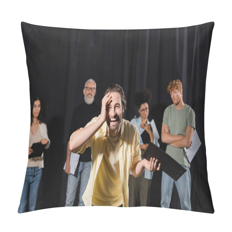 Personality  Laughing Man Touching Face And Looking At Camera Near Blurred Multiethnic Actors And Producer In Theater School Pillow Covers