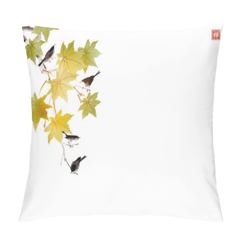 Personality  Birds Sitting On Green Maple Tree Branch On White Background. Traditional Oriental Ink Painting Sumi-e, U-sin, Go-hua. Translation Of Hieroglyph - Well-being. Pillow Covers