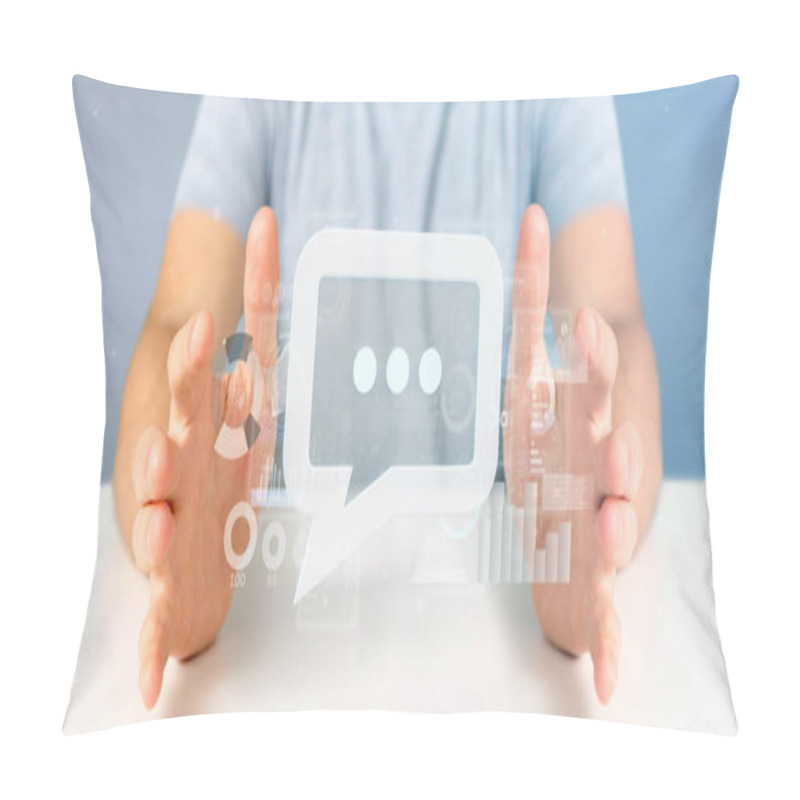 Personality  View Of A Businessman Holding A Message Icon With Data In Background - 3d Rendering Pillow Covers