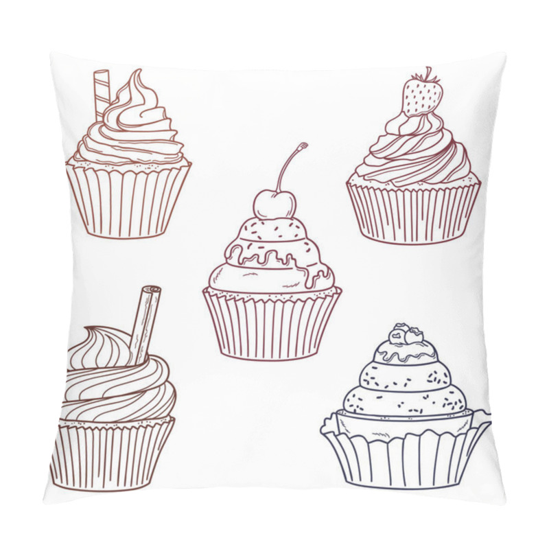 Personality  Set Of Hand Drawn Cupcakes With Berries, Cookie, Cinnamon And Sprinkles Pillow Covers