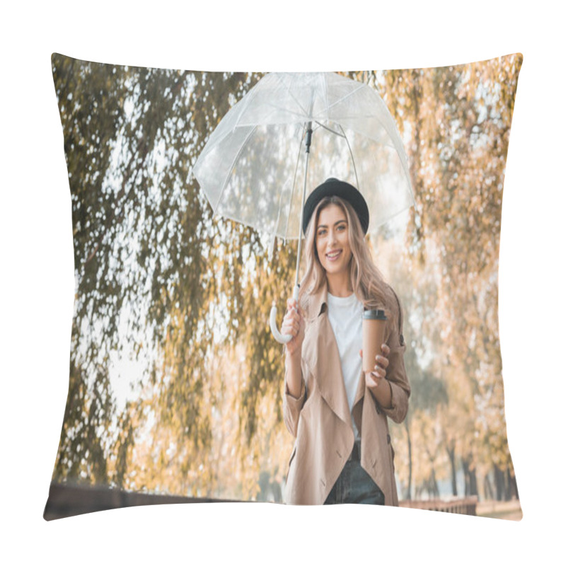 Personality  Blonde Woman In Hat Holding Umbrella And Paper Cup With Coffee To Go In Autumnal Park  Pillow Covers