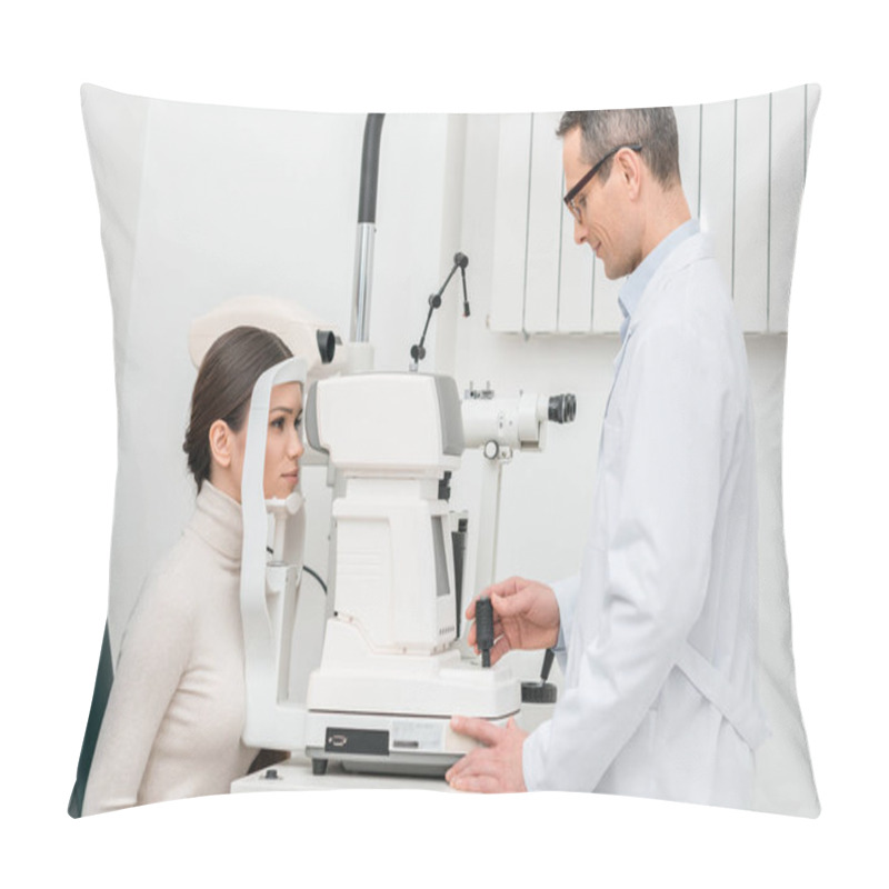 Personality  Side View Of Young Woman Getting Eye Examination In Slit Lamp In Clinic Pillow Covers