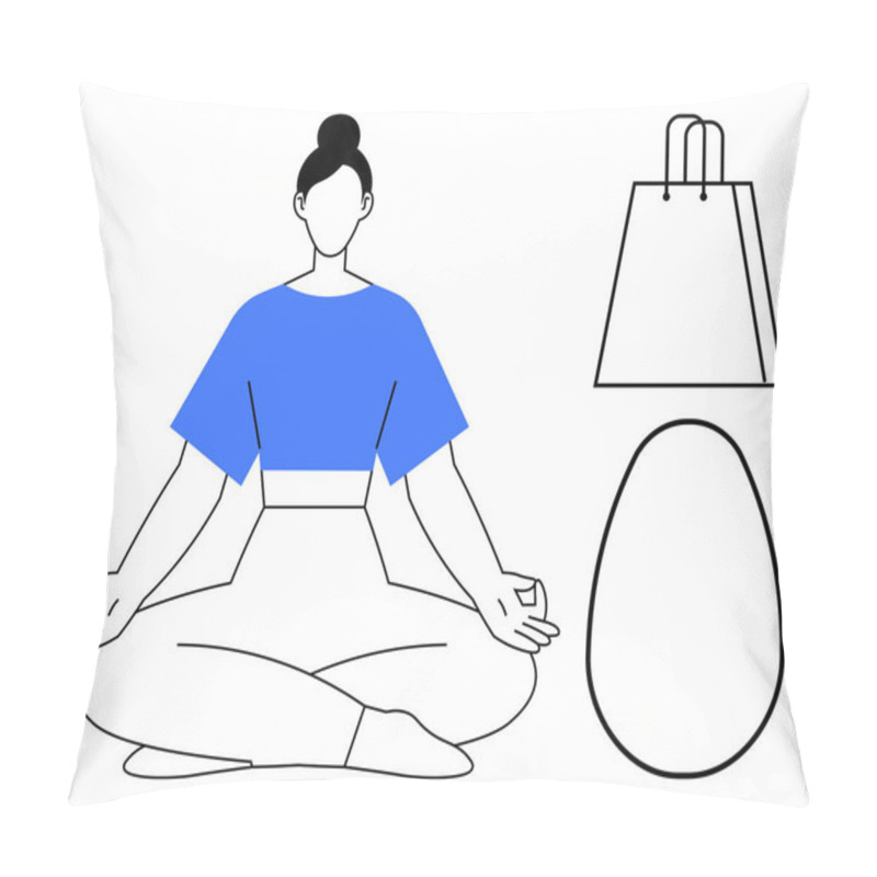 Personality  Woman Meditating In Lotus Position Wearing Blue Shirt. Includes Shopping Bag And Egg Shape. Ideal For Wellness, Meditation, Relaxation, Mindfulness, Balance, Simplicity And Modern Themes. Line Pillow Covers