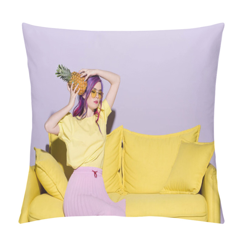 Personality  Beautiful Young Woman Sitting On Yellow Couch And Holding Pineapple Near Head Pillow Covers