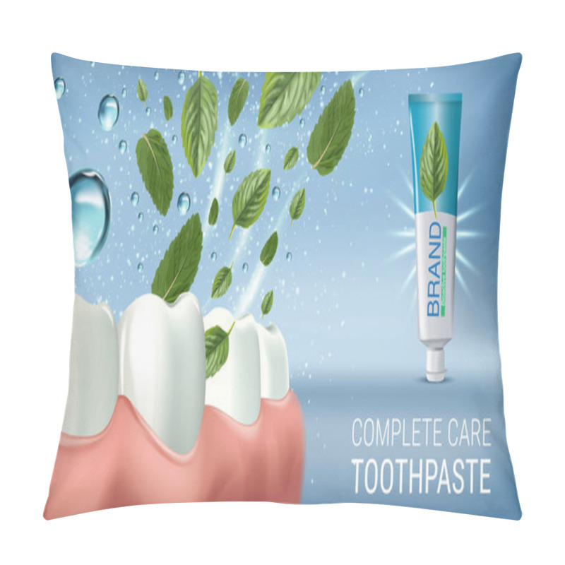 Personality  Antibacterial Toothpaste Ads. Vector 3d Illustration With Toothpaste And Mind Leaves. Pillow Covers