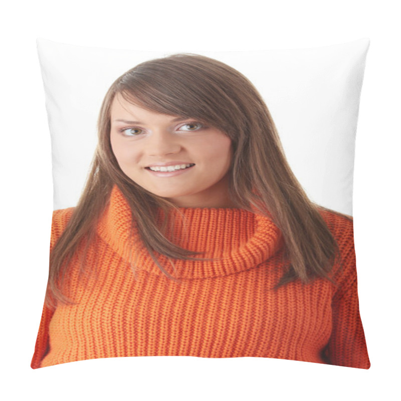 Personality  Teen Woman In Orange Sweater Pillow Covers