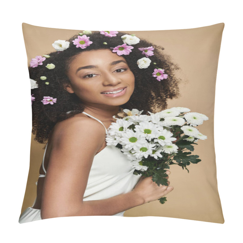 Personality  A Beautiful African American Woman With Natural Makeup Smiles While Wearing Flowers In Her Hair And Holding A Bouquet Of White Flowers. Pillow Covers