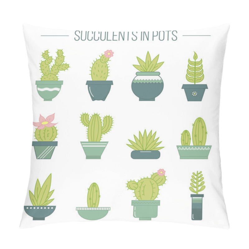 Personality  Set Of Succulent Plants And Cactuses In Pots.Linear Botanical V Pillow Covers