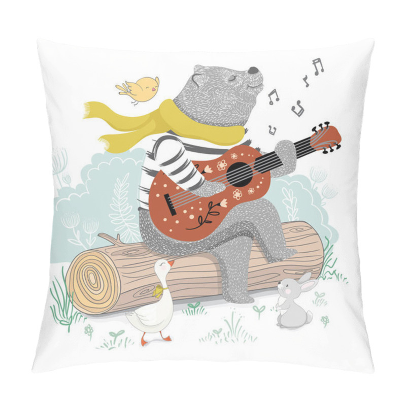 Personality  Cute Cartoon Illustration Of A Bear Playing Guitar Sitting On Log With Animals Around Pillow Covers