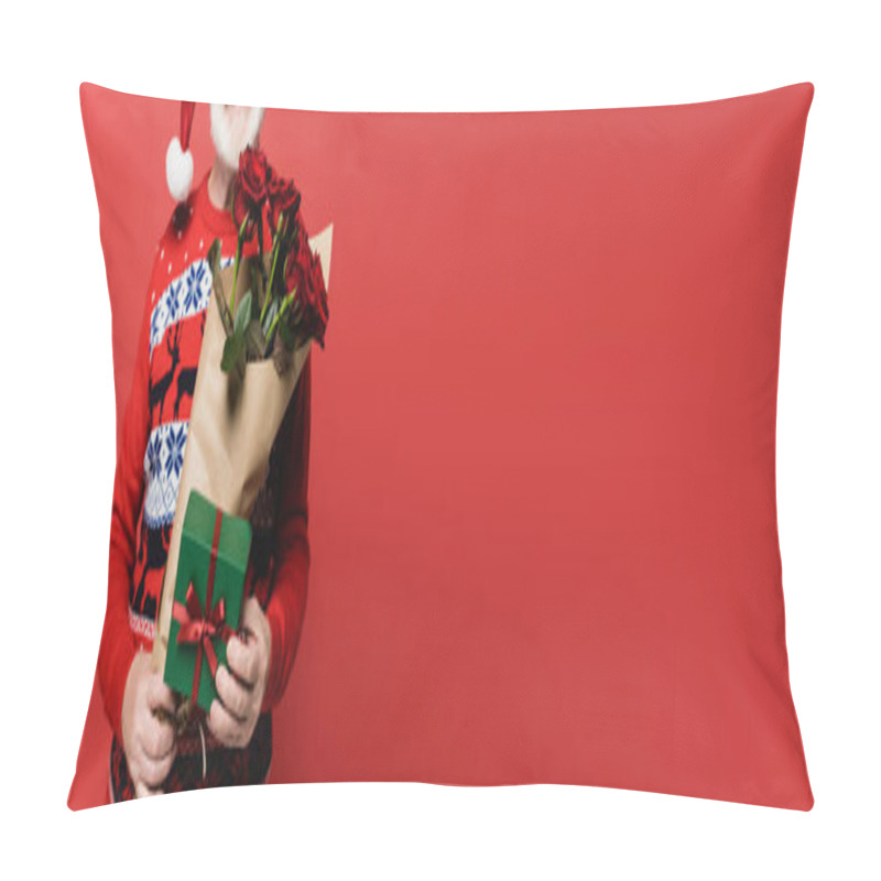 Personality  Cropped View Of Smiling Elderly Man In Santa Hat Holding Roses And Present Isolated On Red, Banner  Pillow Covers