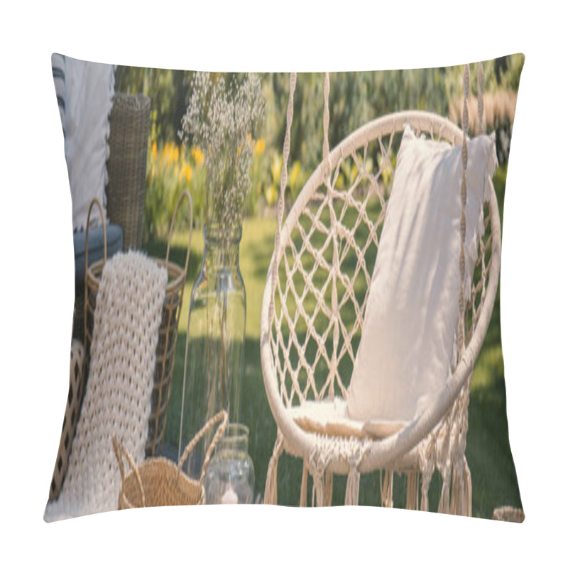 Personality  Pillow On Hanging Chair On Terrace With Blanket In Basket Next To Flowers. Real Photo Pillow Covers